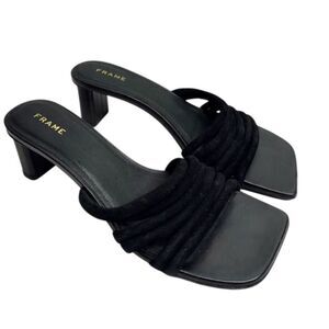 FRAME Sandals Size 6.5US Black Leather Strappy Slip On Square Open Toe Heels